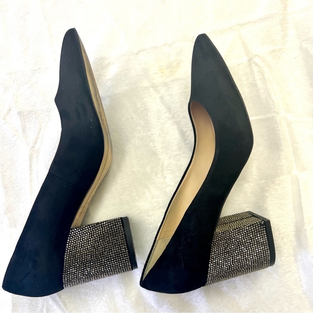 KARL LAGERFELD ADINA Black Suede Rhinestone Block Heels EUC Sz 8.5 - Picture 3 of 5